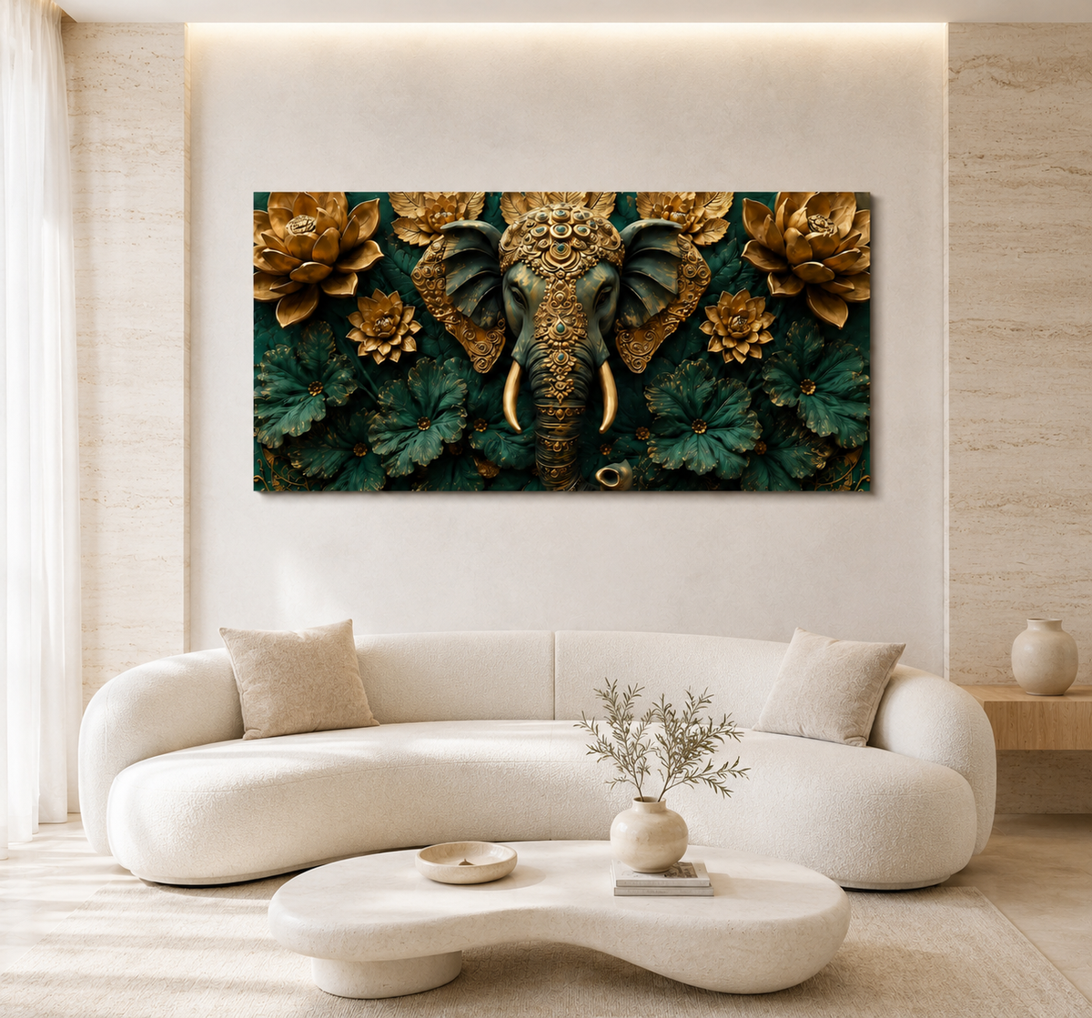 Premium 3D Ganesha Painting with Detailed Golden Ornaments and Decorative Flowers for Modern Living Room