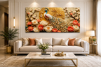 Royal Peacock 3D Wall Painting with Vibrant Plumage Coral Flowers and Golden Embellishments for Luxury Home Interior