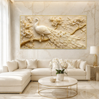 Royal White Peacock 3D Painting with Gold Accents for Living Room Wall Decor