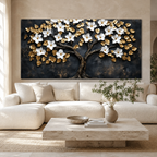 Luxury White Flower Golden Tree 3D Wall Art Painting for Modern Living Room