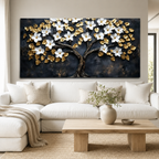 Luxury White Flower Golden Tree 3D Wall Art Painting for Modern Living Room