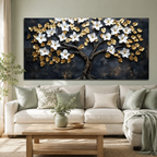 Luxury White Flower Golden Tree 3D Wall Art Painting for Modern Living Room