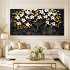 Luxury White Flower Golden Tree 3D Wall Art Painting for Modern Living Room