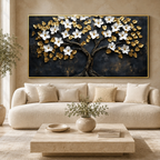 Luxury White Flower Golden Tree 3D Wall Art Painting for Modern Living Room