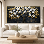 Luxury White Flower Golden Tree 3D Wall Art Painting for Modern Living Room