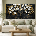 Luxury White Flower Golden Tree 3D Wall Art Painting for Modern Living Room