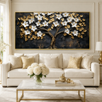 Luxury White Flower Golden Tree 3D Wall Art Painting for Modern Living Room