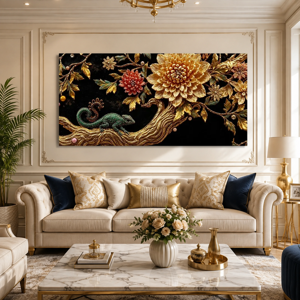 Elegant 3D Chameleon Tree Painting with Gold Floral Details for Luxury Living Room