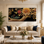 Elegant 3D Chameleon Tree Painting with Gold Floral Details for Luxury Living Room