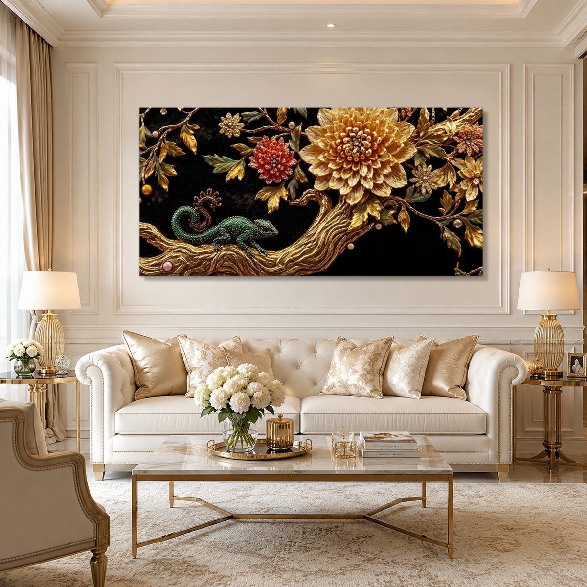 Elegant 3D Chameleon Tree Painting with Gold Floral Details for Luxury Living Room