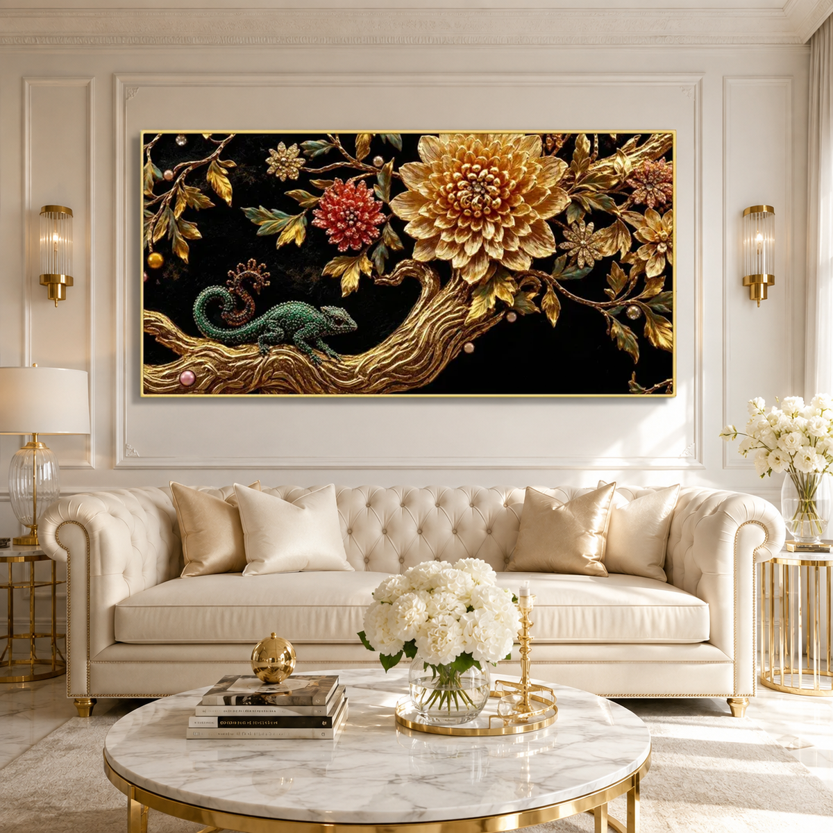 Elegant 3D Chameleon Tree Painting with Gold Floral Details for Luxury Living Room