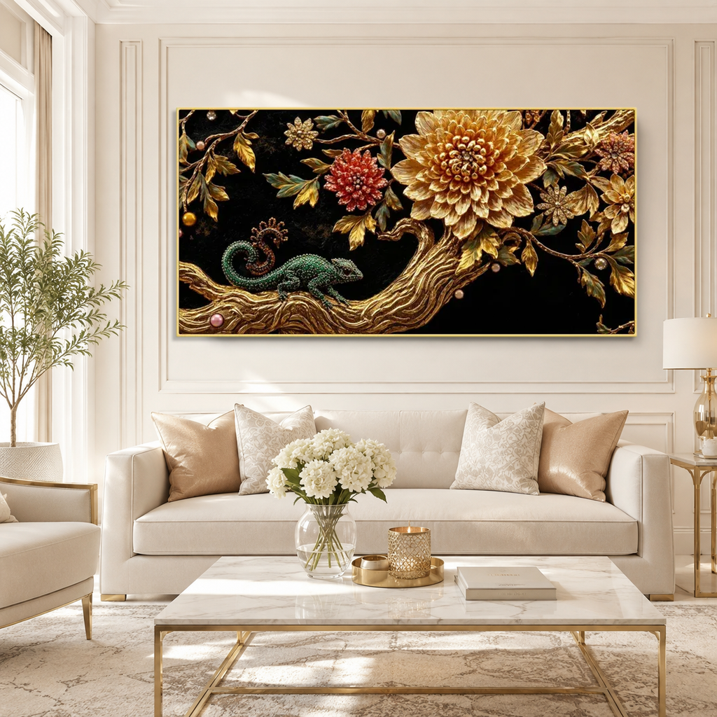 Elegant 3D Chameleon Tree Painting with Gold Floral Details for Luxury Living Room