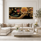 Elegant 3D Chameleon Tree Painting with Gold Floral Details for Luxury Living Room