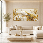 Premium 3D Peacock Artwork with Gold Feather Details and White Floral Embossed Texture for Home