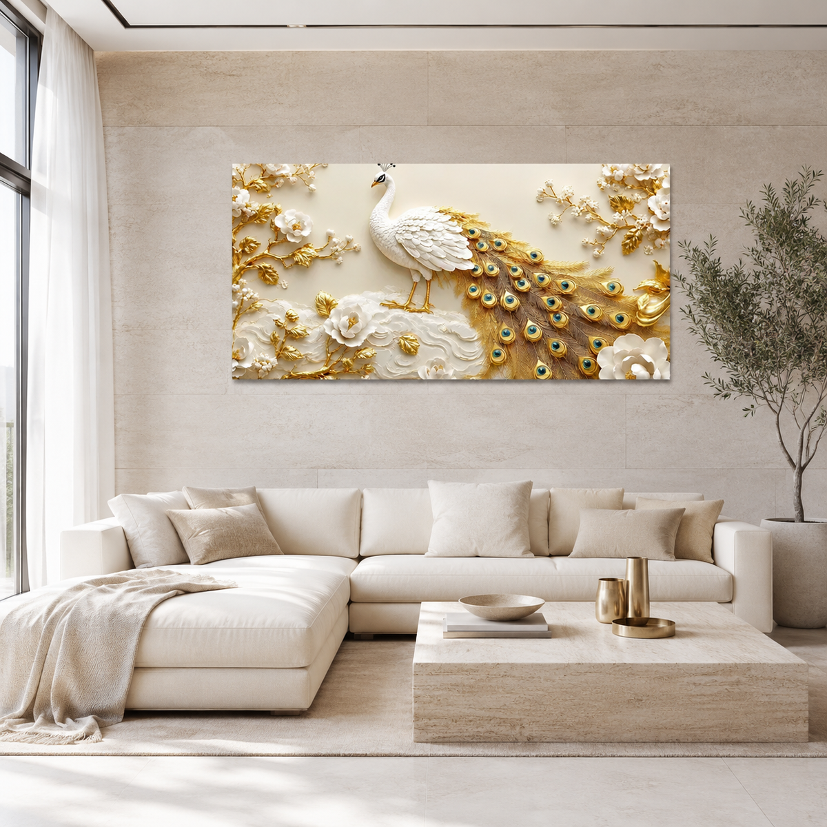 Premium 3D Peacock Artwork with Gold Feather Details and White Floral Embossed Texture for Home