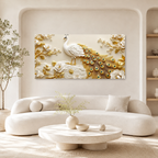 Premium 3D Peacock Artwork with Gold Feather Details and White Floral Embossed Texture for Home