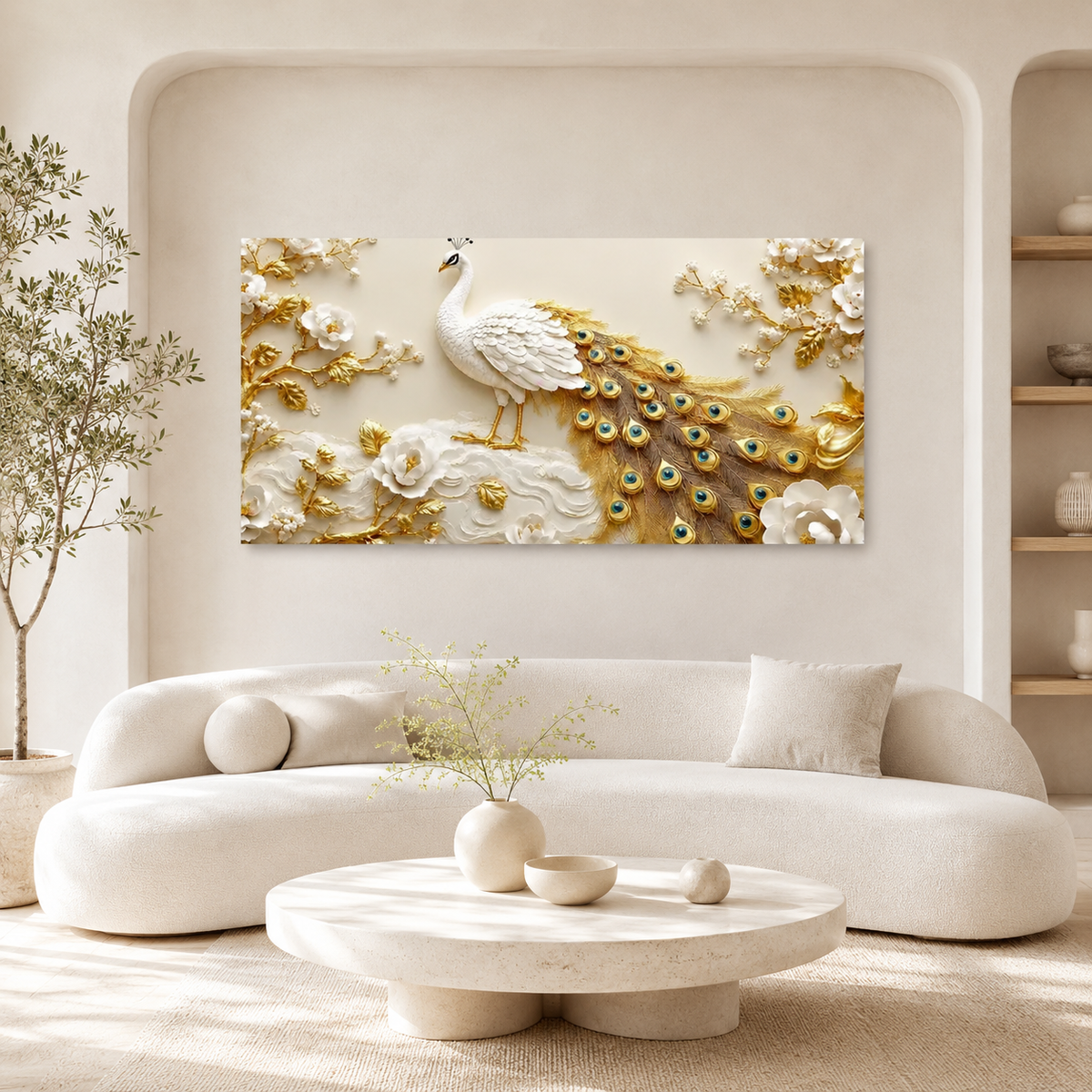 Premium 3D Peacock Artwork with Gold Feather Details and White Floral Embossed Texture for Home