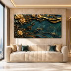 Luxury 3D Teal and Gold Floral Wave Wall Art Painting for Modern Home Decor