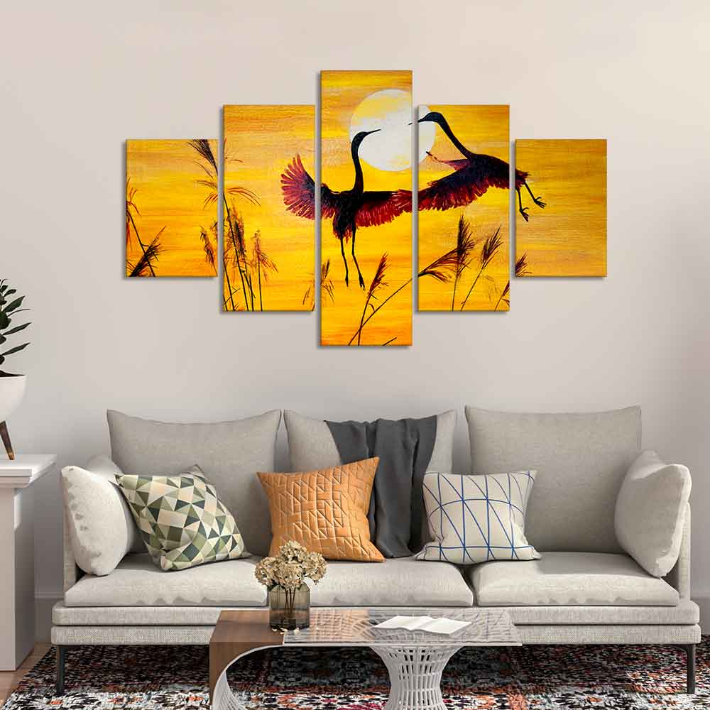 Pair of Cranes over an Autumn Field Canvas Bedroom Wall Painting Decor Mantra