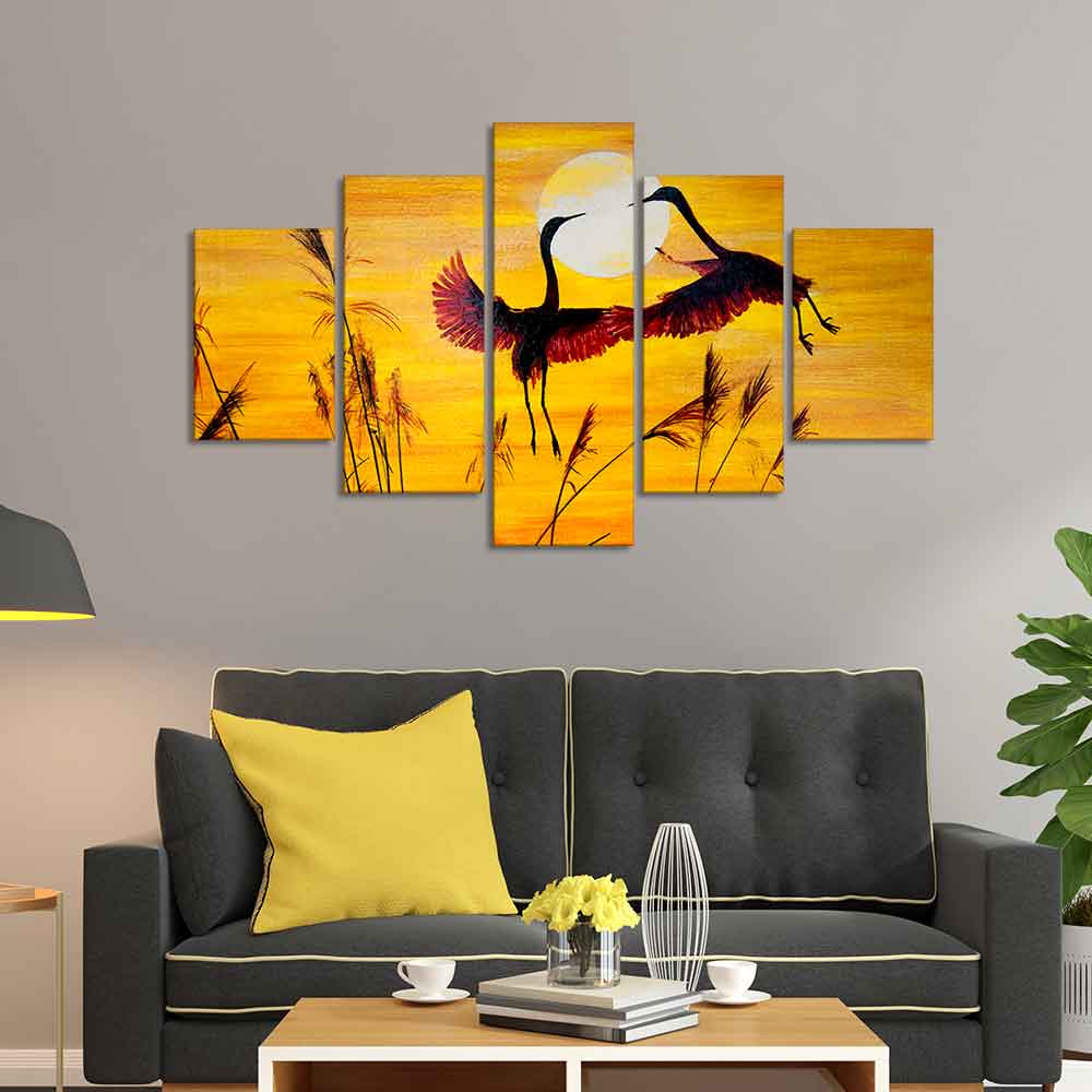 Pair of Cranes over an Autumn Field Canvas Bedroom Wall Painting Decor Mantra