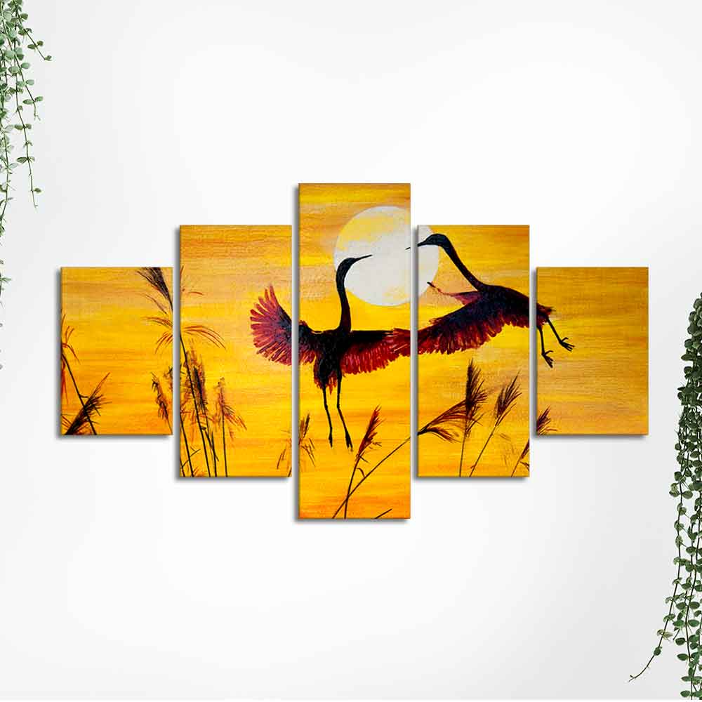 Pair of Cranes over an Autumn Field Canvas Bedroom Wall Painting Decor Mantra