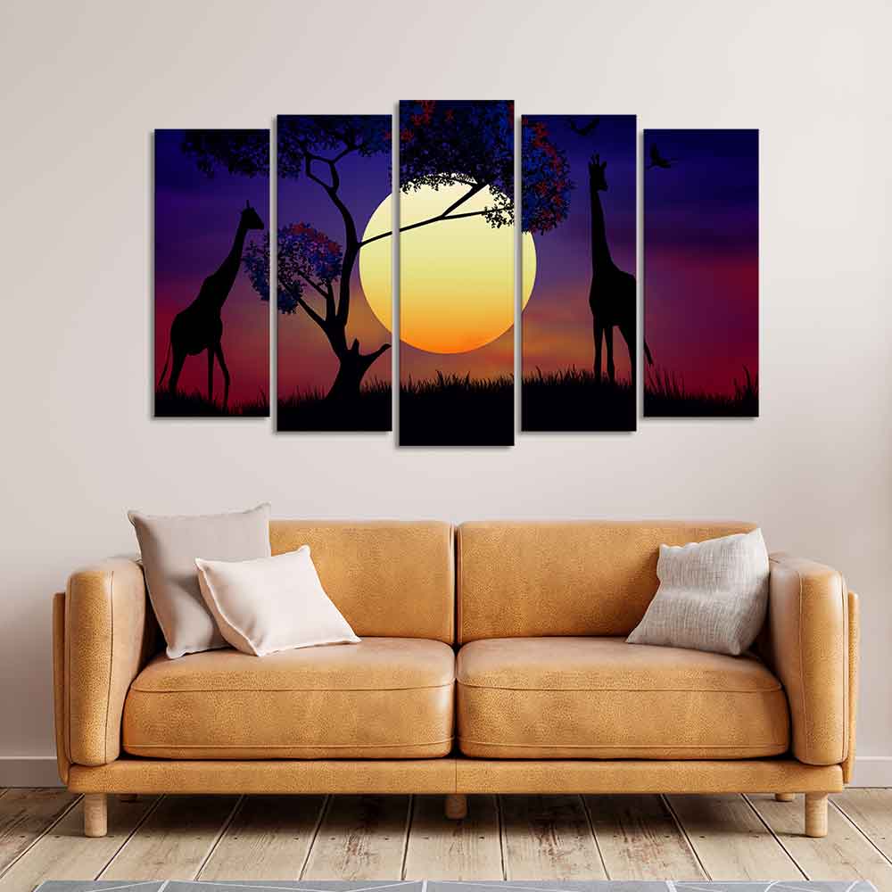Pair of Giraffe at Night Canvas Wall Painting Set of Five Pieces DECORMANTRA