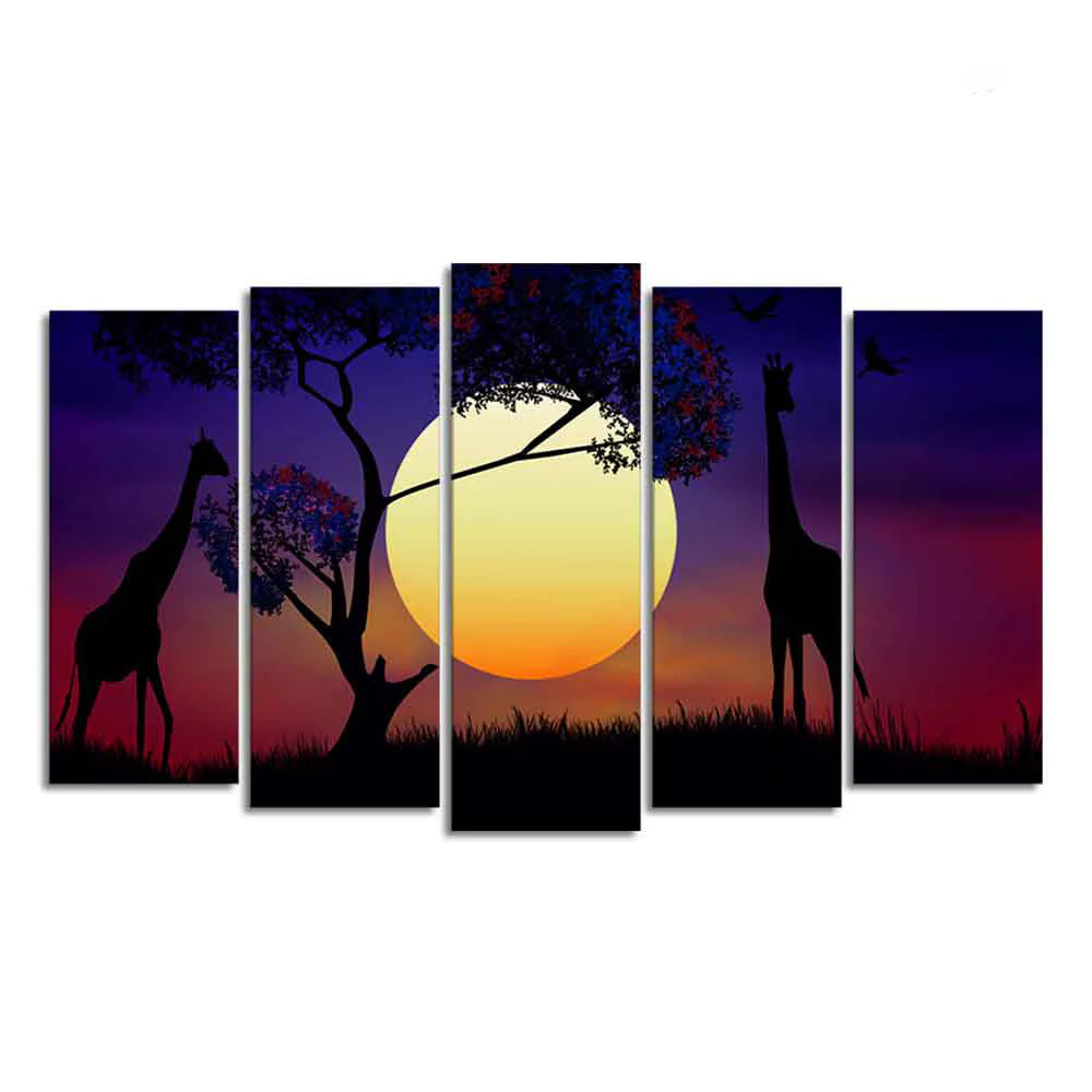 Pair of Giraffe at Night Canvas Wall Painting Set of Five Pieces DECORMANTRA