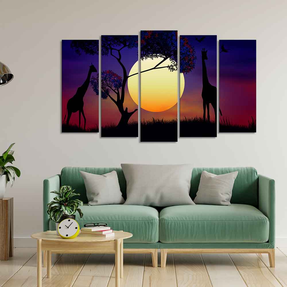 Pair of Giraffe at Night Canvas Wall Painting Set of Five Pieces DECORMANTRA