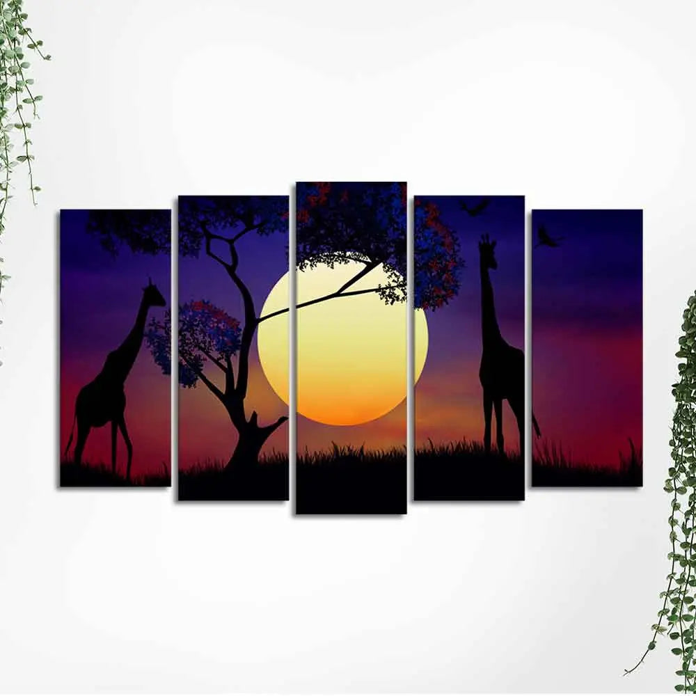 Pair of Giraffe at Night Canvas Wall Painting Set of Five Pieces DECORMANTRA
