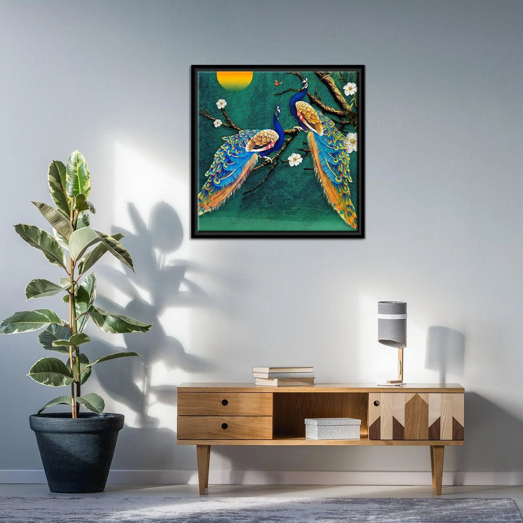 Pair of Peacock Floating Canvas Wall Painting Frame Decor Mantra
