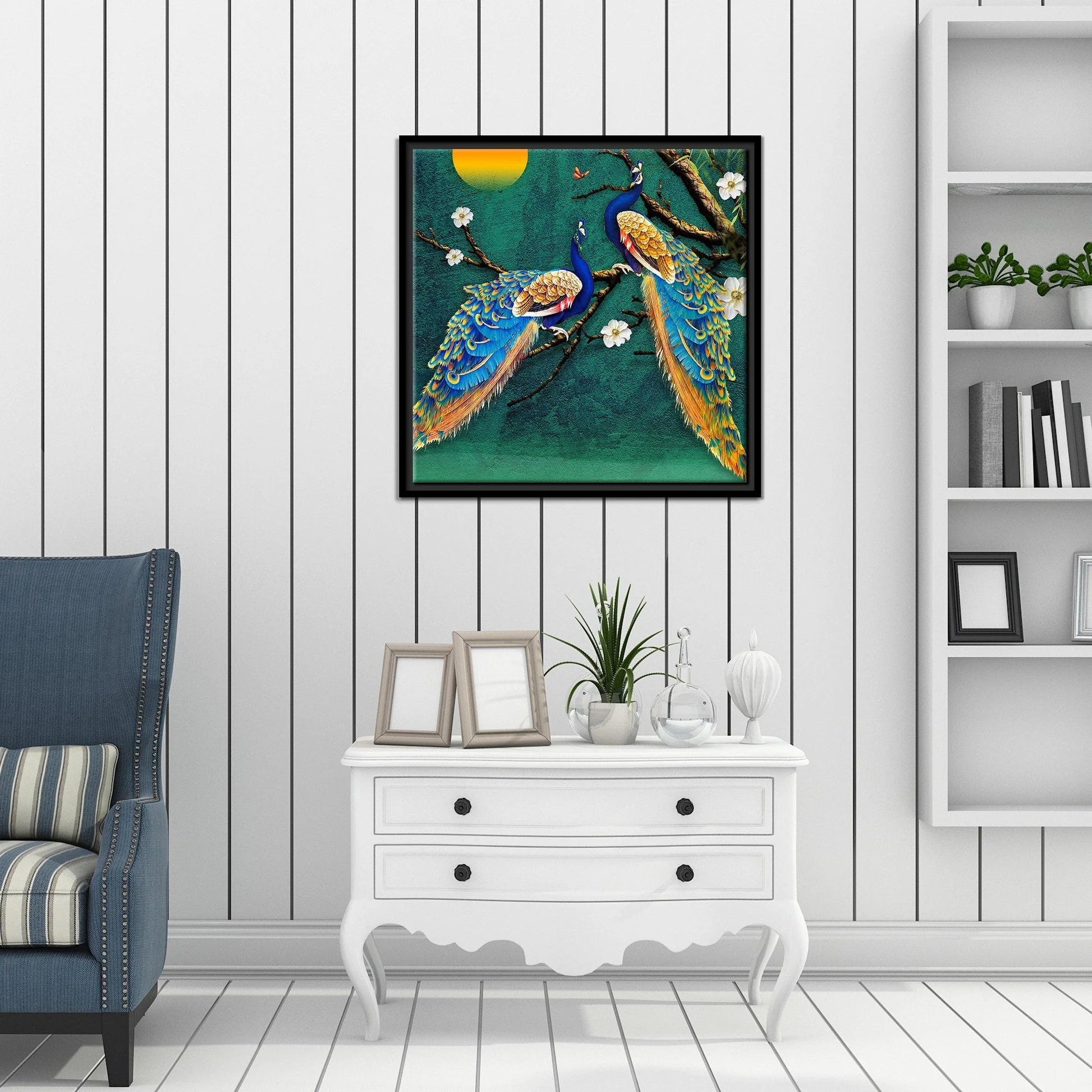 Pair of Peacock Floating Canvas Wall Painting Frame Decor Mantra