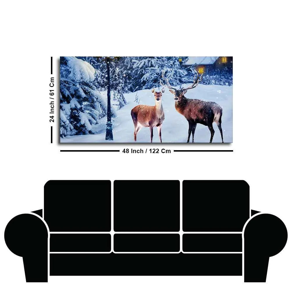 Pair of Red Deer in Snowy Forest Premium Wall Painting DECORMANTRA
