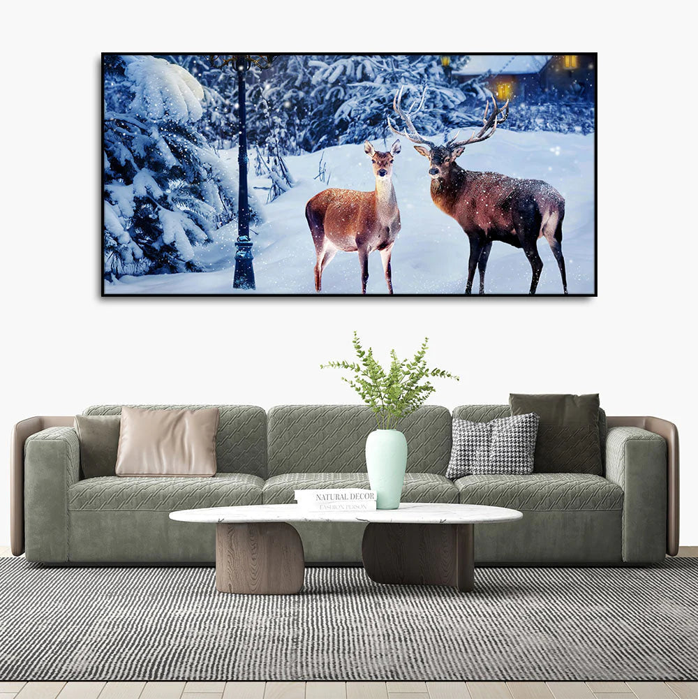 Pair of Red Deer in Snowy Forest Premium Wall Painting DECORMANTRA