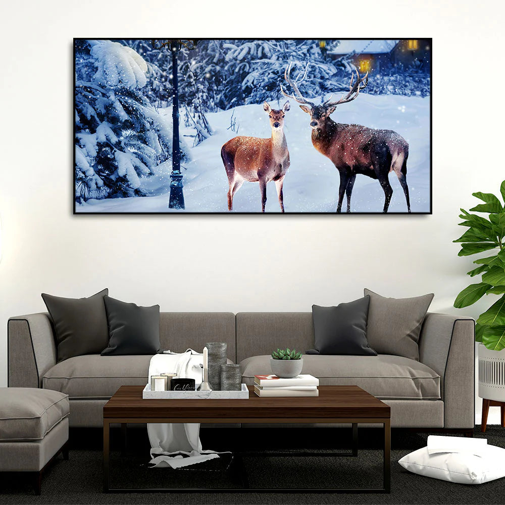 Pair of Red Deer in Snowy Forest Premium Wall Painting DECORMANTRA