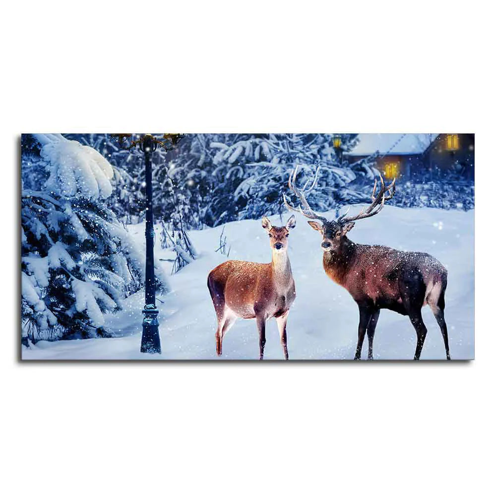 Pair of Red Deer in Snowy Forest Premium Wall Painting DECORMANTRA