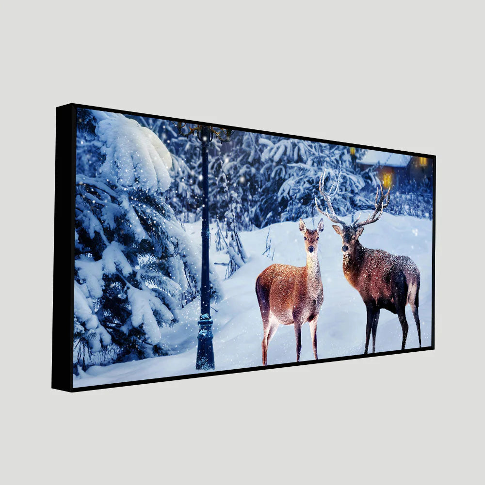 Pair of Red Deer in Snowy Forest Premium Wall Painting DECORMANTRA