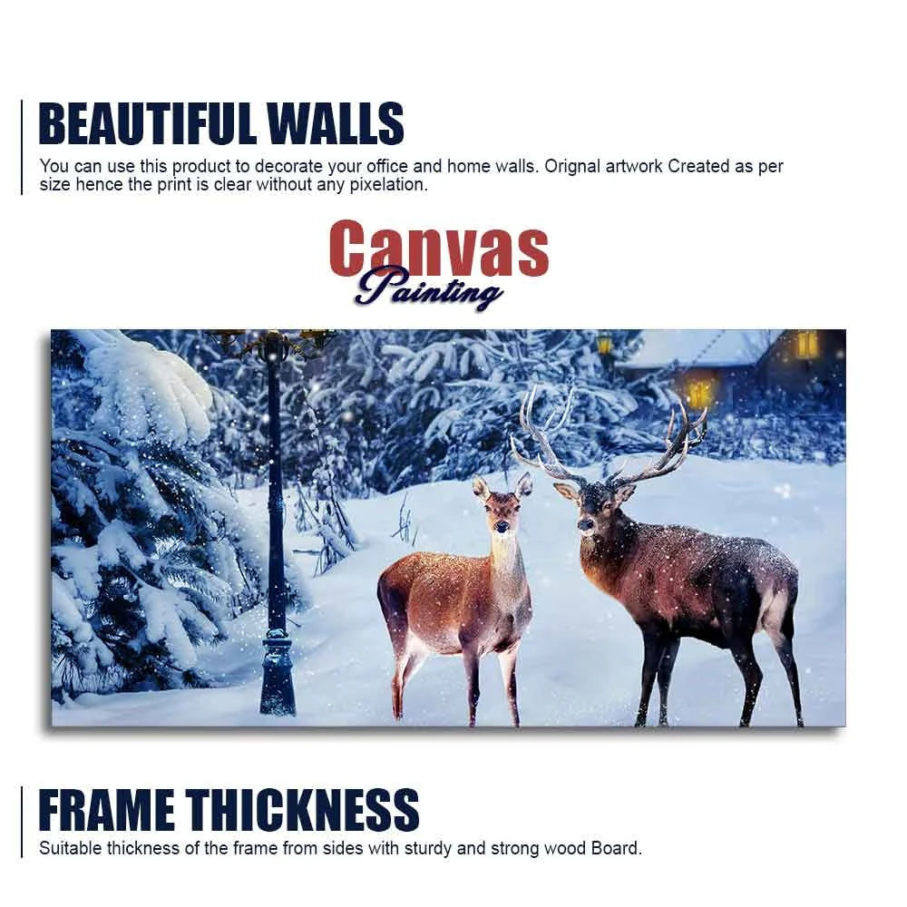 Pair of Red Deer in Snowy Forest Premium Wall Painting DECORMANTRA