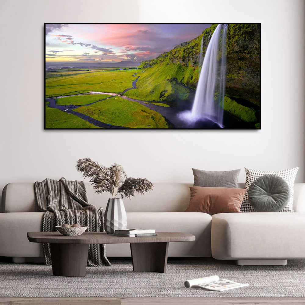 Panoramic Canvas Wall Painting of Unreal view of Waterfall at Sunset DECORMANTRA