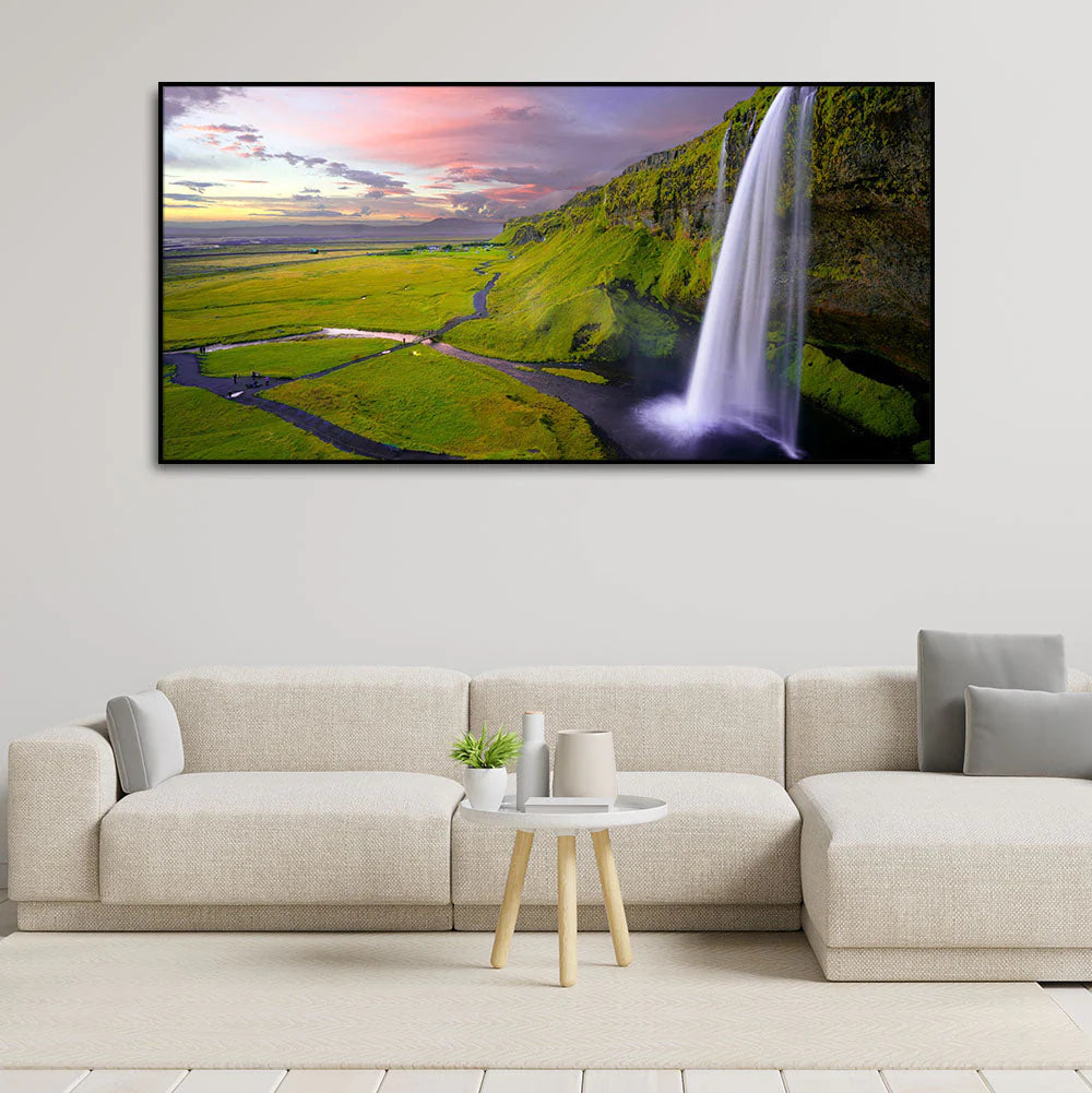Panoramic Canvas Wall Painting of Unreal view of Waterfall at Sunset DECORMANTRA