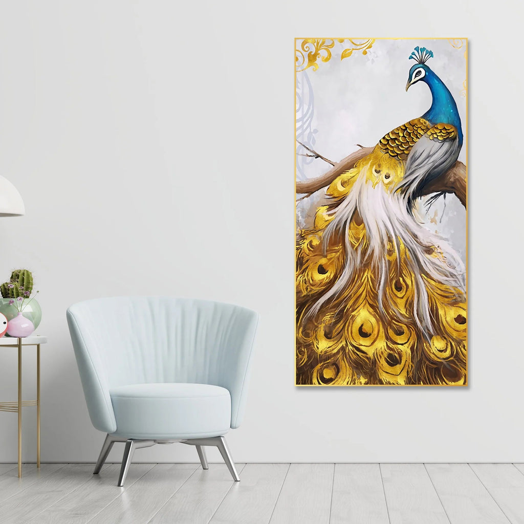 Peacock Golden Feather Floating Canvas Wall Painting DECORMANTRA