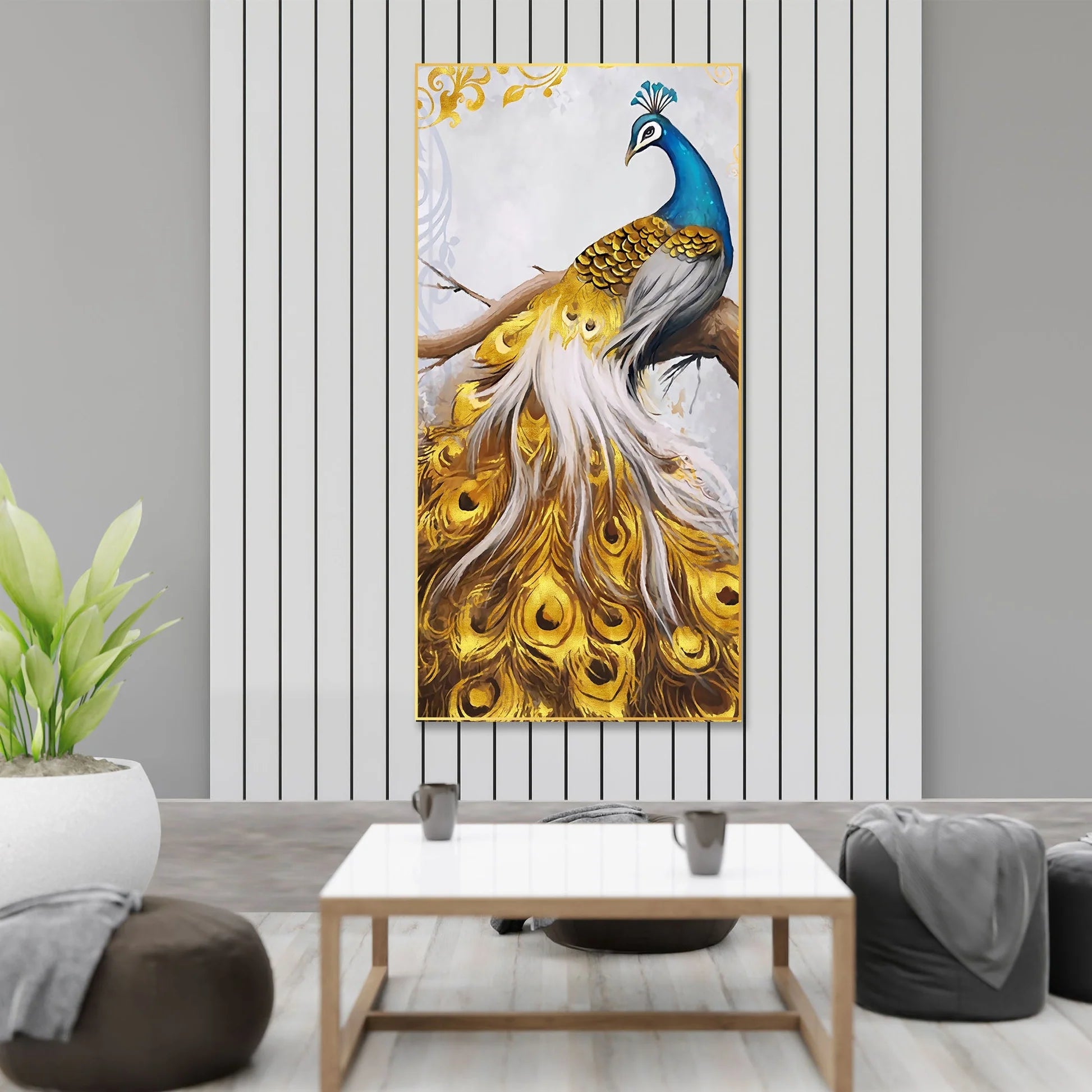 Peacock Golden Feather Floating Canvas Wall Painting DECORMANTRA