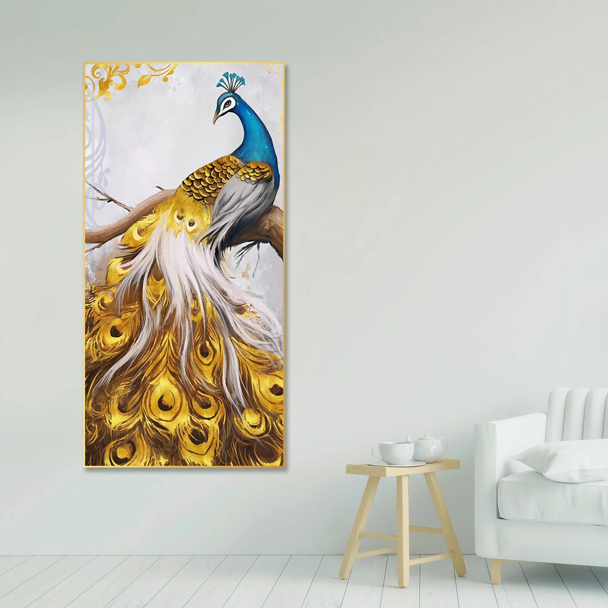 Peacock Golden Feather Floating Canvas Wall Painting DECORMANTRA