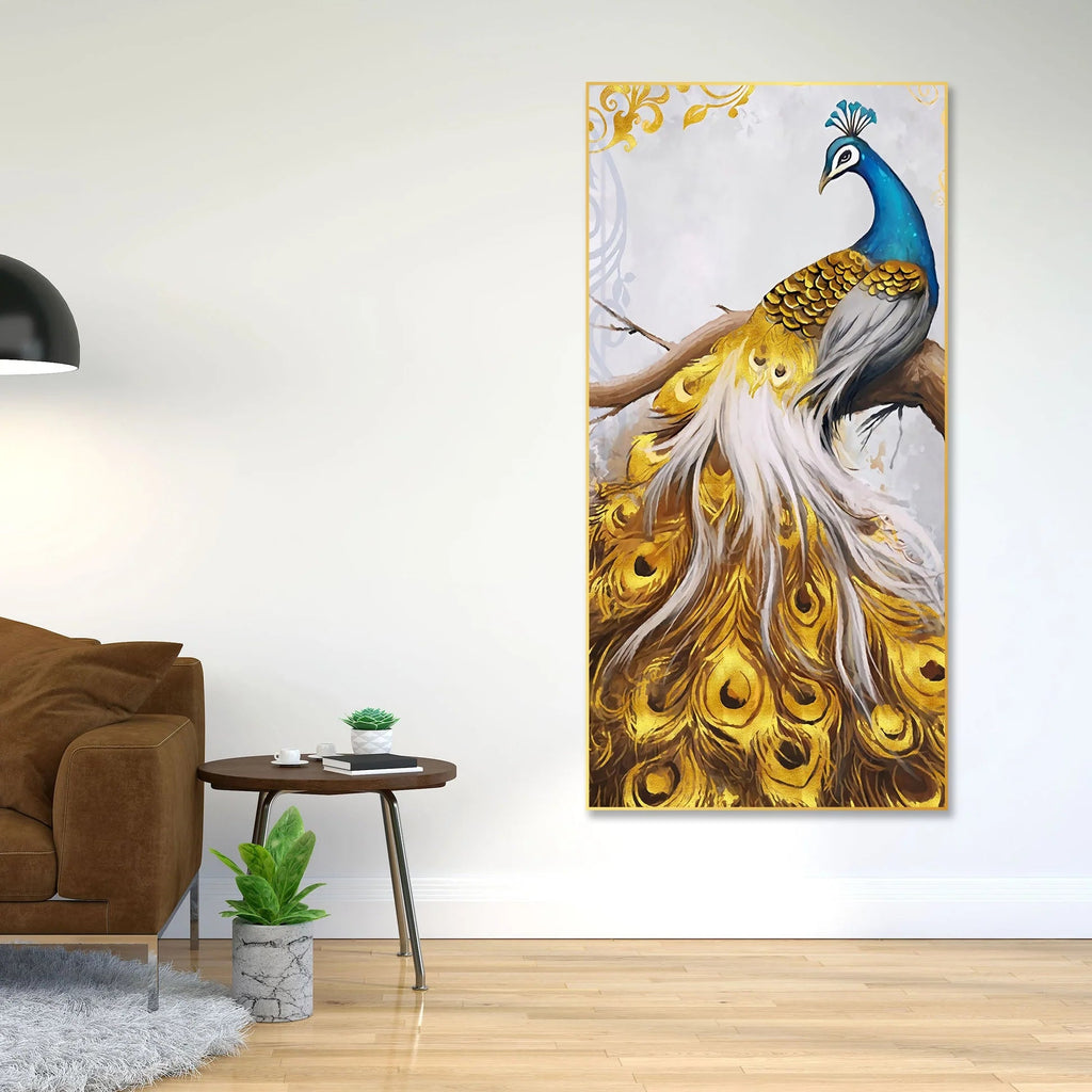 Peacock Golden Feather Floating Canvas Wall Painting DECORMANTRA