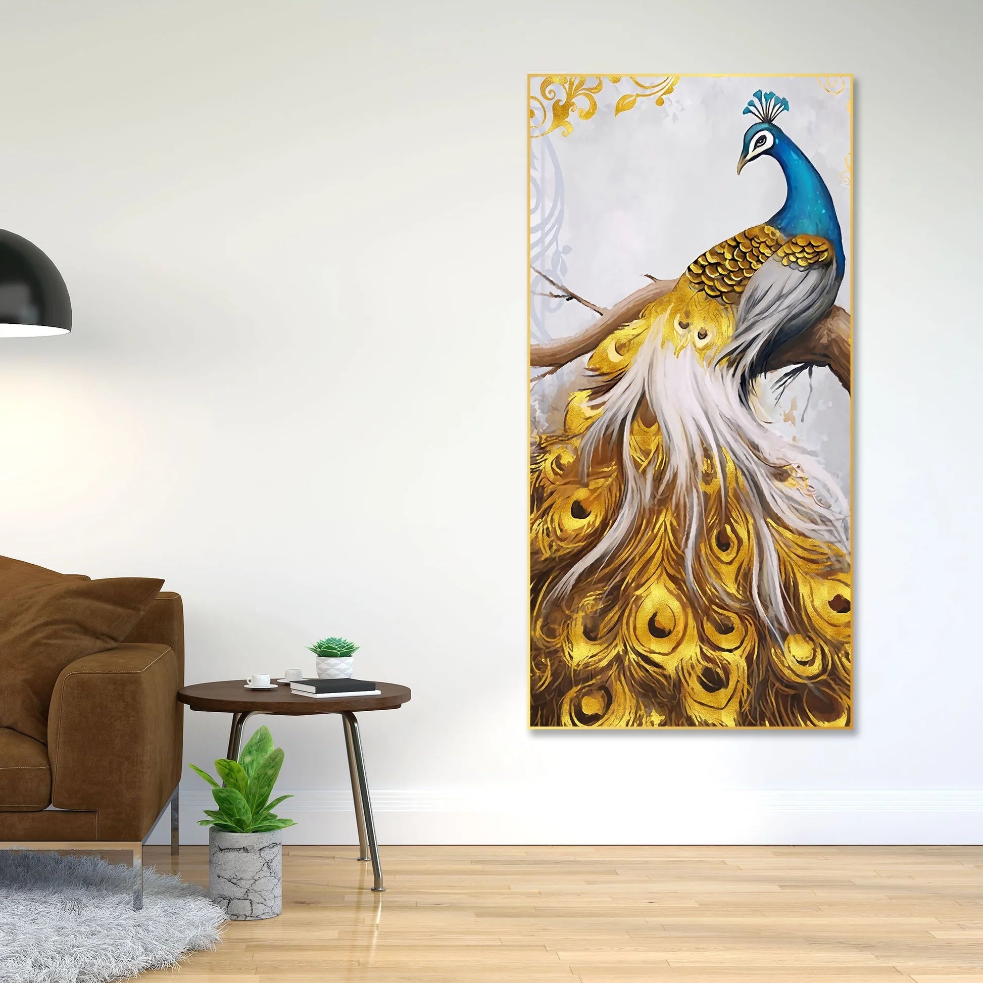 Peacock Golden Feather Floating Canvas Wall Painting DECORMANTRA