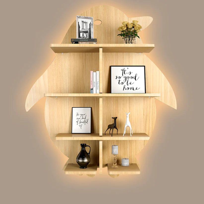 Penguin Backlit Designer Wooden Wall Shelf / Book Shelf / Night Light, Light Oak Finish - Decor Mantra 