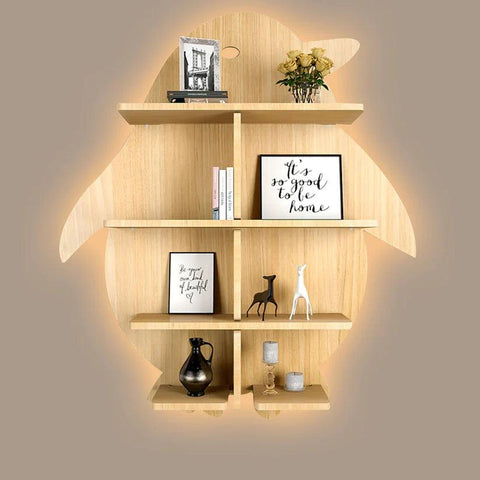 Penguin Backlit Designer Wooden Wall Shelf / Book Shelf / Night Light, Light Oak Finish - Decor Mantra 