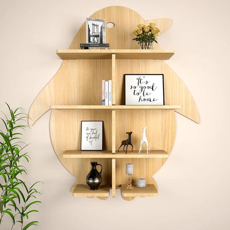 Penguin Backlit Designer Wooden Wall Shelf / Book Shelf / Night Light, Light Oak Finish - Decor Mantra 