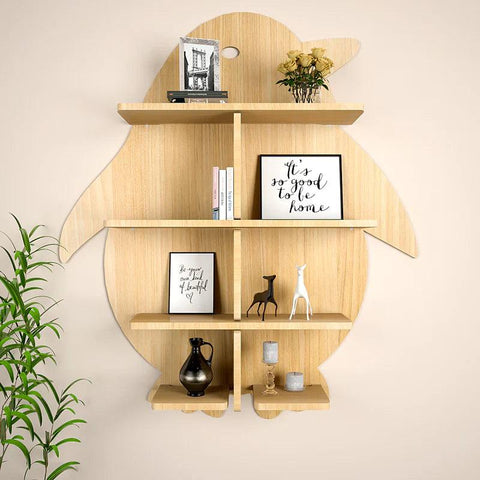 Penguin Backlit Designer Wooden Wall Shelf / Book Shelf / Night Light, Light Oak Finish - Decor Mantra 