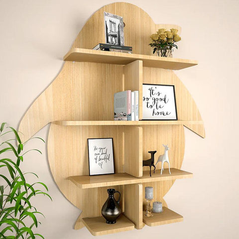 Penguin Backlit Designer Wooden Wall Shelf / Book Shelf / Night Light, Light Oak Finish - Decor Mantra 
