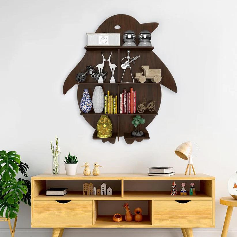 Penguin Backlit Designer Wooden Wall Shelf / Book Shelf / Night Light, Walnut Finish - Decor Mantra 